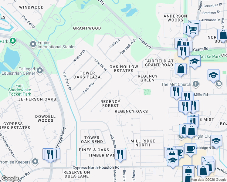 map of restaurants, bars, coffee shops, grocery stores, and more near 12926 Mill Ridge Drive in Cypress