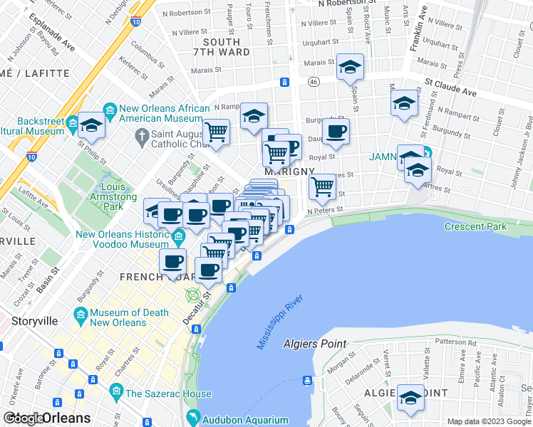 map of restaurants, bars, coffee shops, grocery stores, and more near 1307 Decatur Street in New Orleans