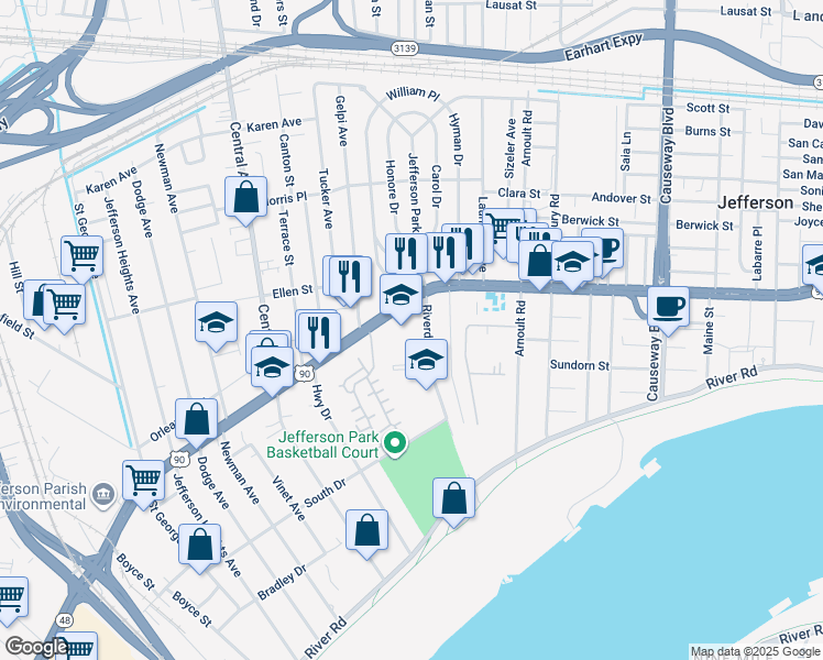 map of restaurants, bars, coffee shops, grocery stores, and more near 3900 Jefferson Highway in Jefferson