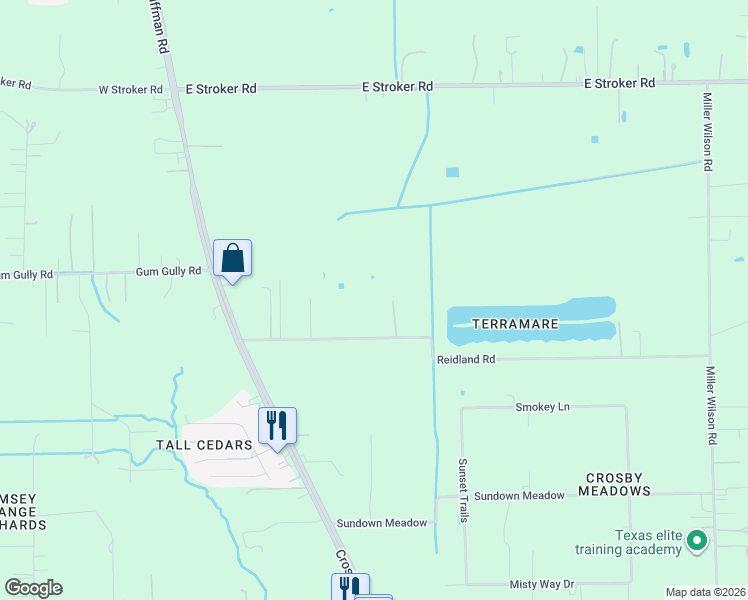 map of restaurants, bars, coffee shops, grocery stores, and more near 513 Reidland Street in Crosby
