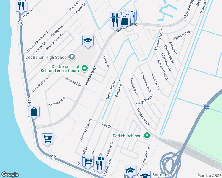 map of restaurants, bars, coffee shops, grocery stores, and more near 242 Murray Hill Drive in Destrehan