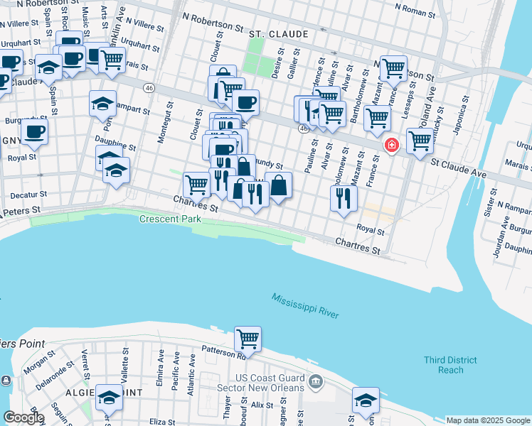 map of restaurants, bars, coffee shops, grocery stores, and more near 618 Congress Street in New Orleans