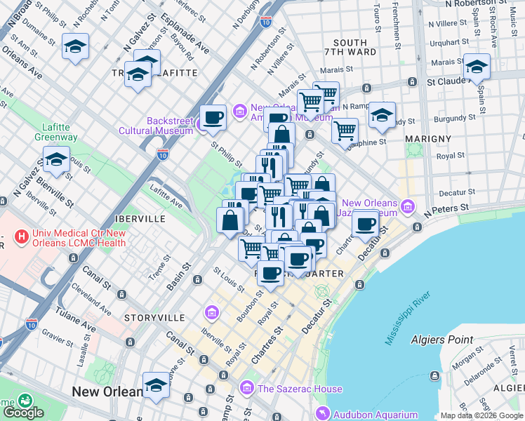 map of restaurants, bars, coffee shops, grocery stores, and more near 1026 Dumaine Street in New Orleans