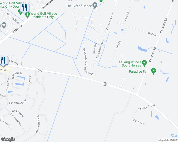 map of restaurants, bars, coffee shops, grocery stores, and more near 1136 Carmona Place in St. Augustine