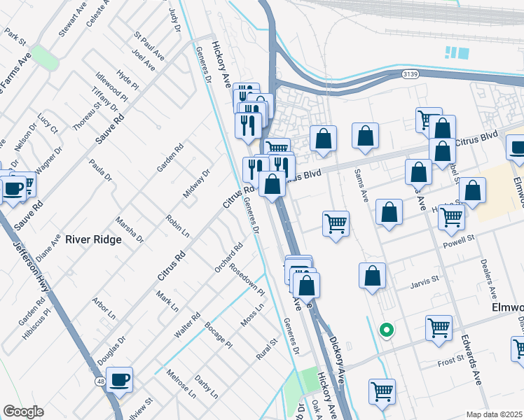 map of restaurants, bars, coffee shops, grocery stores, and more near 1640 Hickory Avenue in Harahan