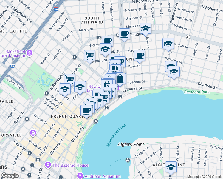 map of restaurants, bars, coffee shops, grocery stores, and more near 4 Esplanade Avenue Wharf in New Orleans