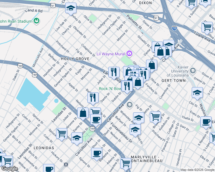 map of restaurants, bars, coffee shops, grocery stores, and more near 8405 Fig Street in New Orleans