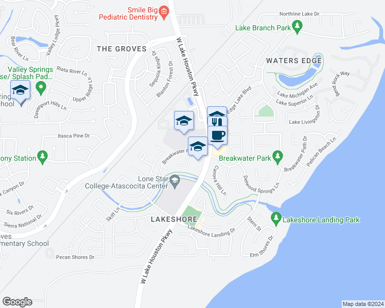 map of restaurants, bars, coffee shops, grocery stores, and more near 16326 Open Sea Drive in Houston