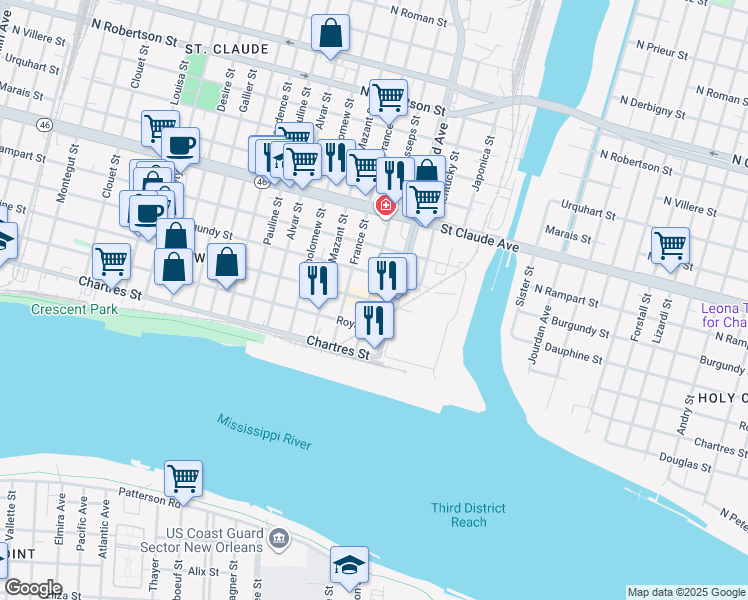map of restaurants, bars, coffee shops, grocery stores, and more near 4308 Burgundy Street in New Orleans
