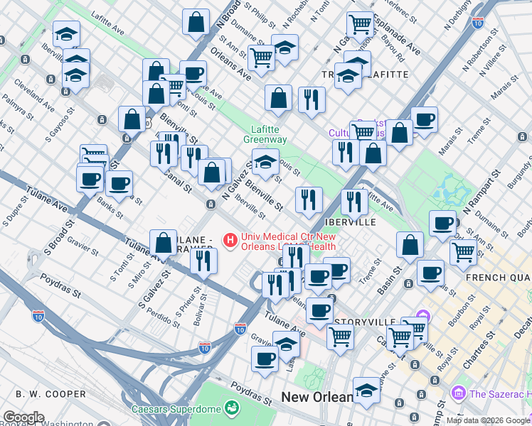 map of restaurants, bars, coffee shops, grocery stores, and more near 2010 Bienville Street in New Orleans