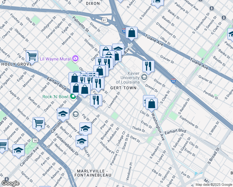 map of restaurants, bars, coffee shops, grocery stores, and more near 3540 Lowerline Street in New Orleans