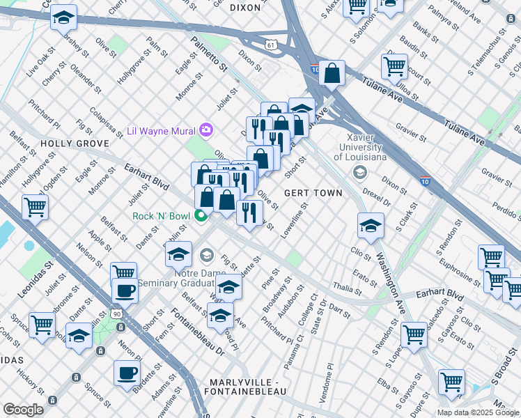 map of restaurants, bars, coffee shops, grocery stores, and more near 8020 Olive Street in New Orleans