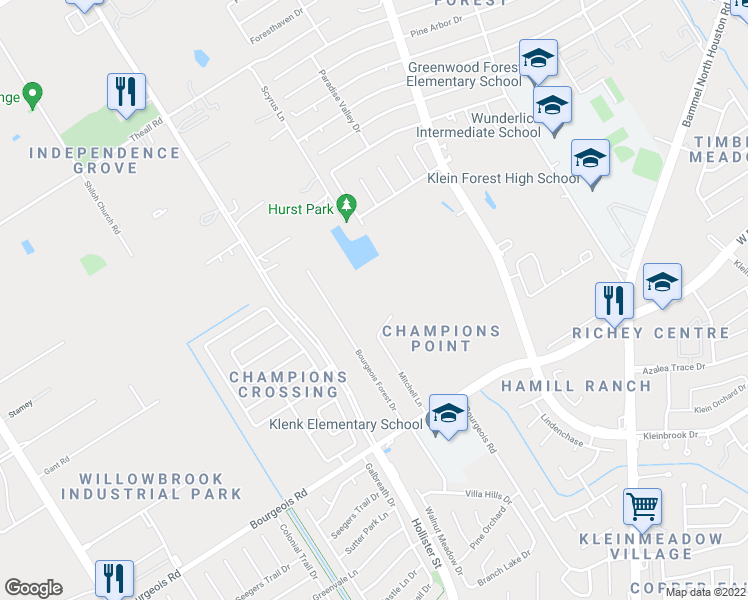 map of restaurants, bars, coffee shops, grocery stores, and more near 12603 Mitchell Lane in Houston