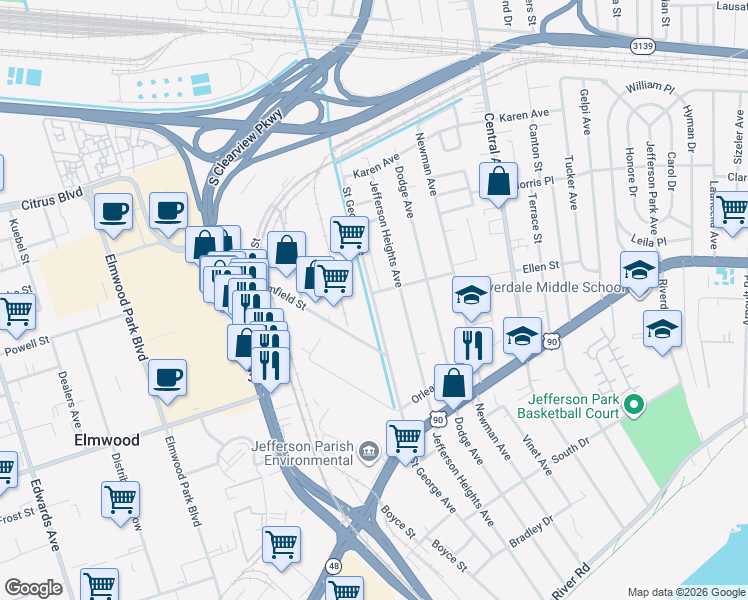 map of restaurants, bars, coffee shops, grocery stores, and more near 707 Pecan Grove Lane in New Orleans