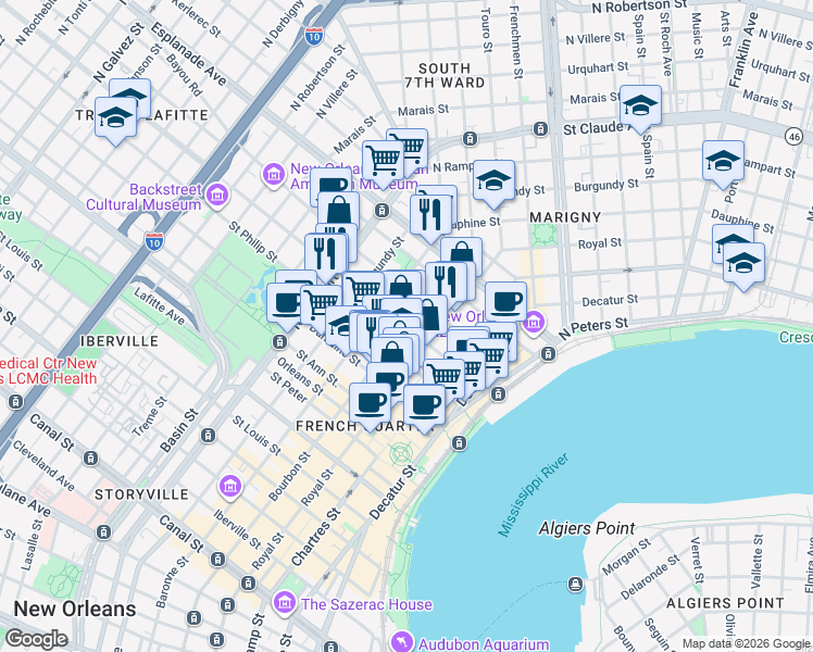 map of restaurants, bars, coffee shops, grocery stores, and more near Ursulines Ave & Bourbon St in New Orleans