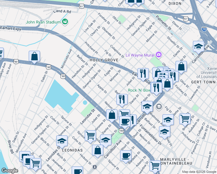 map of restaurants, bars, coffee shops, grocery stores, and more near 8701 Belfast Street in New Orleans
