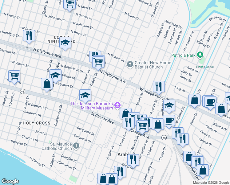 map of restaurants, bars, coffee shops, grocery stores, and more near 6415 North Robertson Street in New Orleans