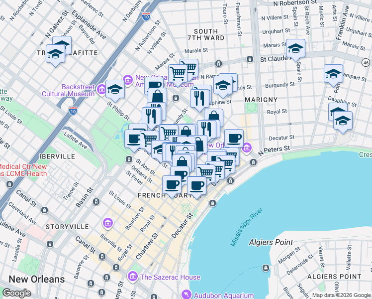 map of restaurants, bars, coffee shops, grocery stores, and more near 825 Ursulines Avenue in New Orleans