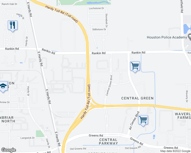 map of restaurants, bars, coffee shops, grocery stores, and more near 16601 Central Green Boulevard in Houston
