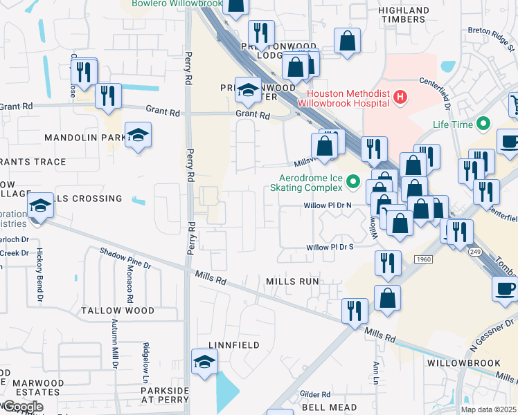map of restaurants, bars, coffee shops, grocery stores, and more near 13034 Rose Landing Drive in Houston