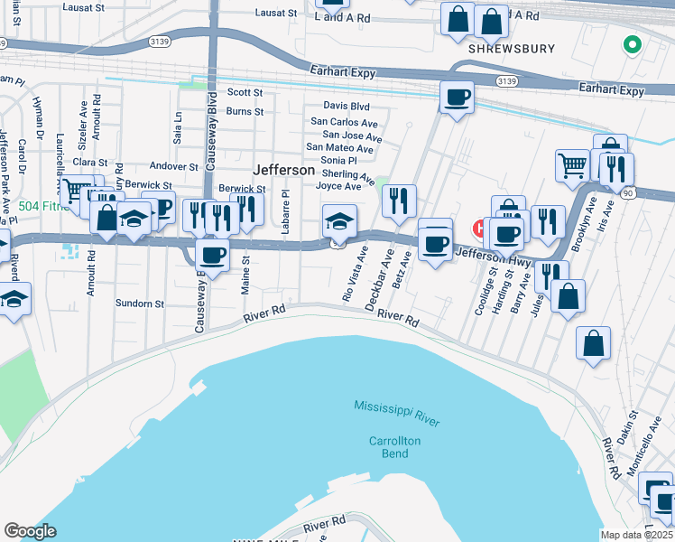 map of restaurants, bars, coffee shops, grocery stores, and more near 2200 Jefferson Highway in Jefferson