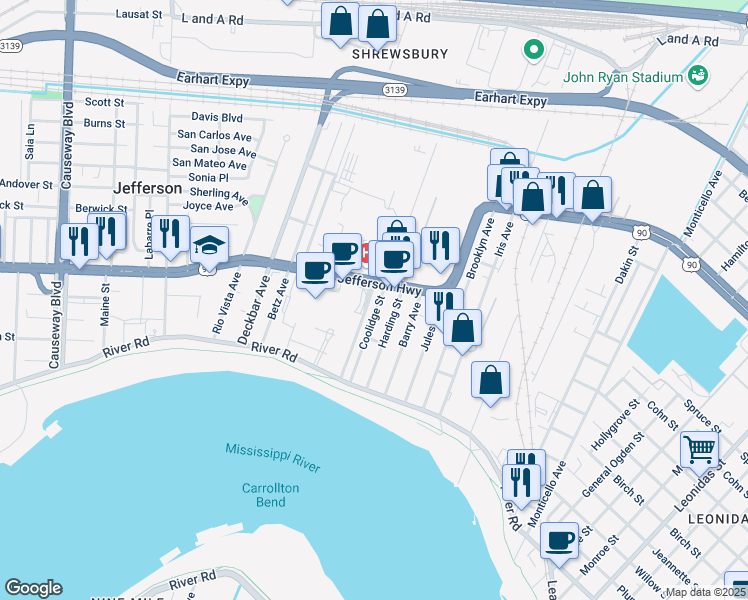 map of restaurants, bars, coffee shops, grocery stores, and more near 1440 Jefferson Highway in Jefferson