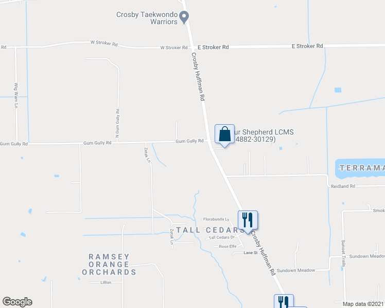 map of restaurants, bars, coffee shops, grocery stores, and more near 115 Gum Gully Road in Crosby
