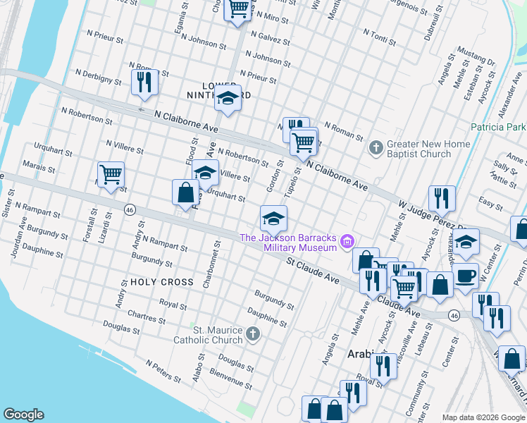 map of restaurants, bars, coffee shops, grocery stores, and more near 1303 Alabo Street in New Orleans