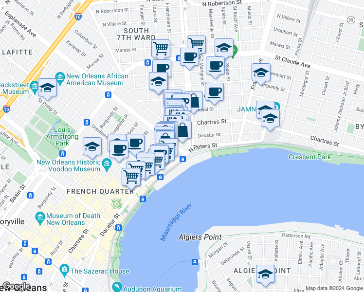 map of restaurants, bars, coffee shops, grocery stores, and more near 2122 Decatur Street in New Orleans