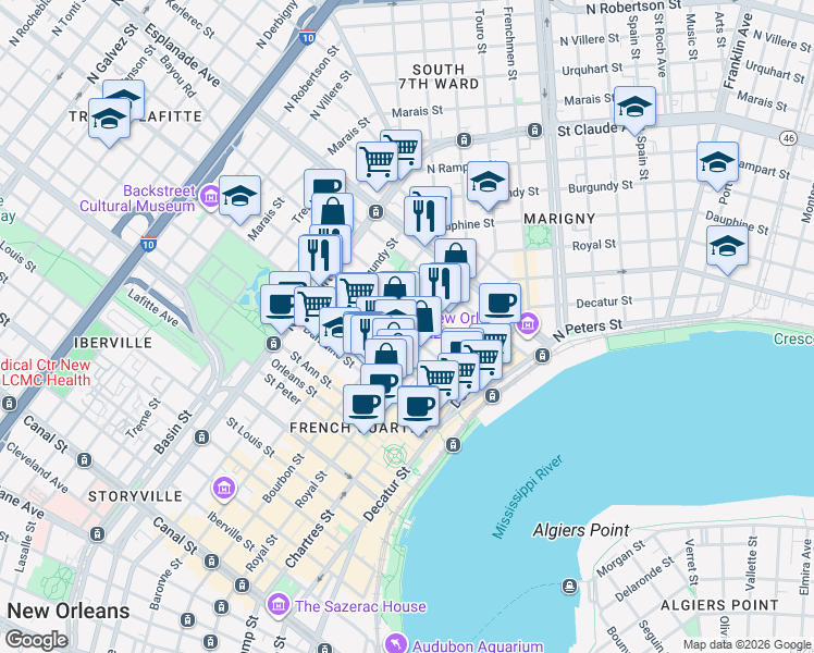 map of restaurants, bars, coffee shops, grocery stores, and more near 825 Ursulines Avenue in New Orleans