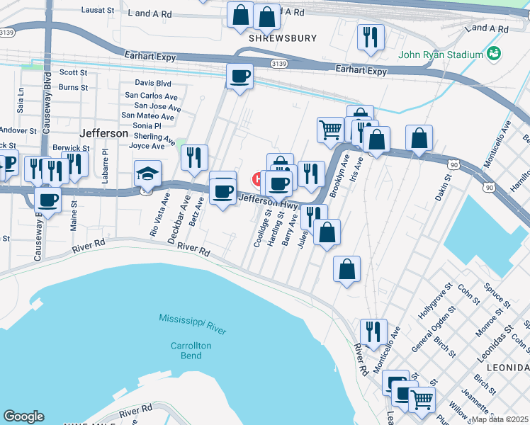 map of restaurants, bars, coffee shops, grocery stores, and more near 1440 Jefferson Highway in Jefferson