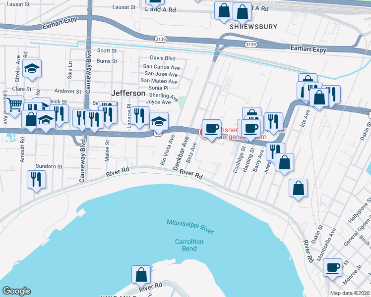 map of restaurants, bars, coffee shops, grocery stores, and more near 1120 Lance Street in Jefferson