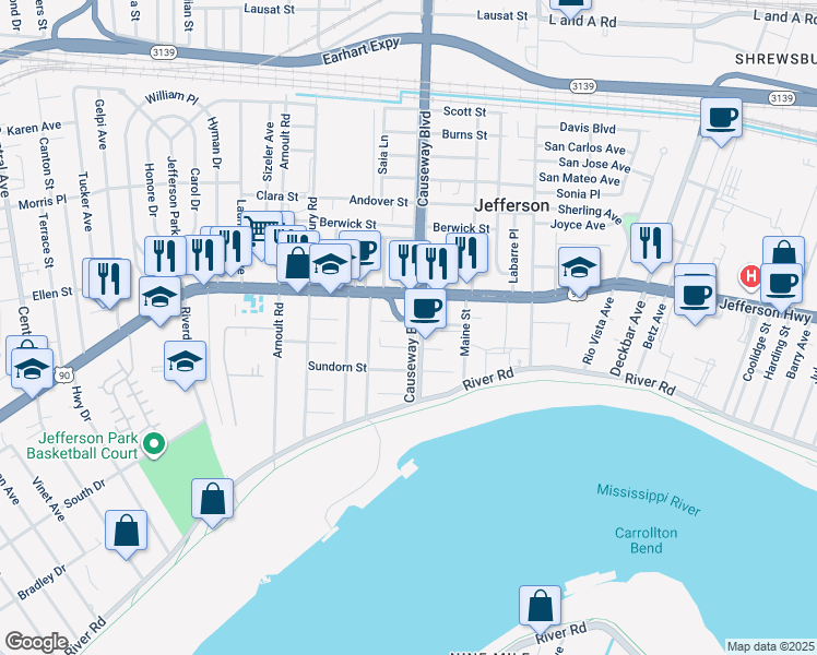 map of restaurants, bars, coffee shops, grocery stores, and more near 3214 Jefferson Highway in Jefferson