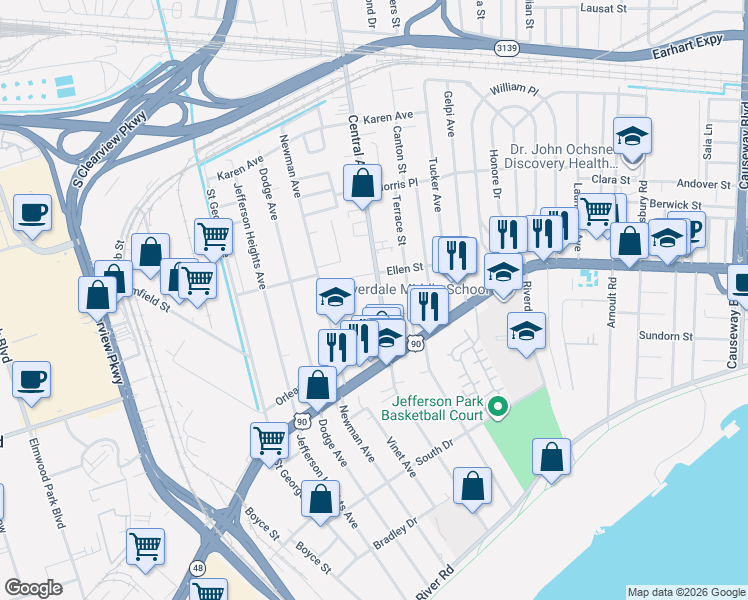 map of restaurants, bars, coffee shops, grocery stores, and more near 574 Central Avenue in Jefferson