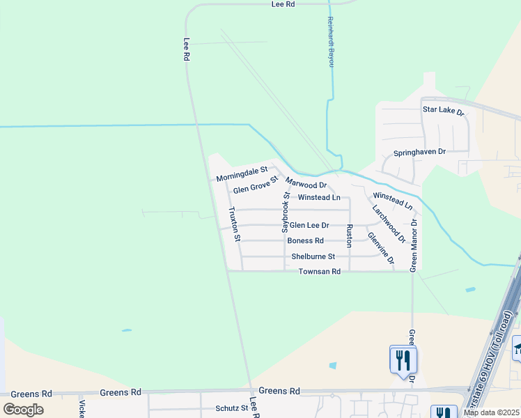 map of restaurants, bars, coffee shops, grocery stores, and more near 5919 Woodview Drive in Humble