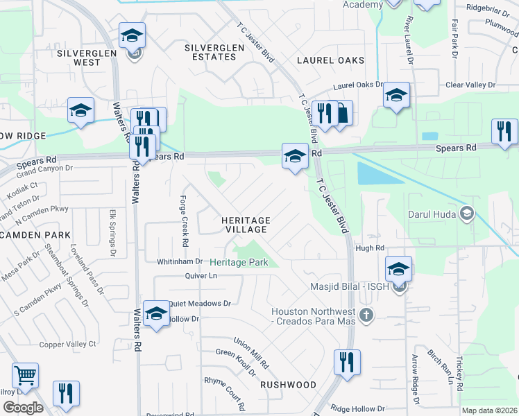 map of restaurants, bars, coffee shops, grocery stores, and more near 2435 Prides Crossing Road in Houston