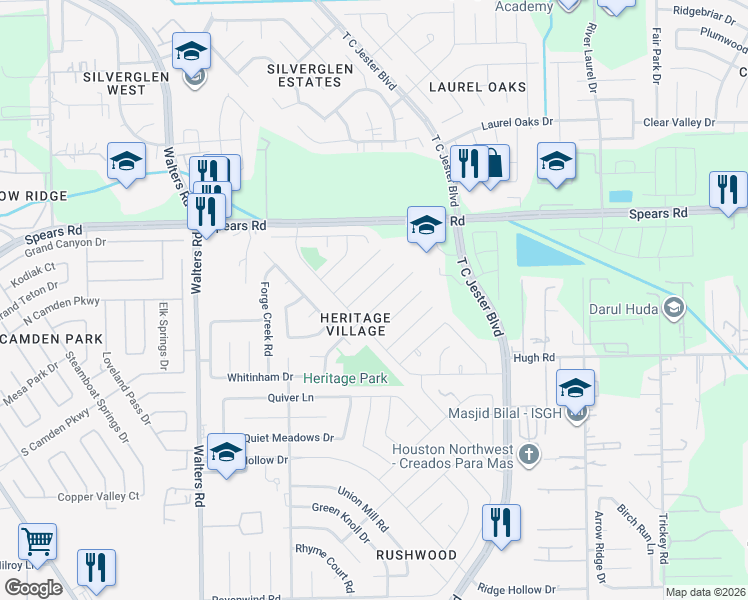 map of restaurants, bars, coffee shops, grocery stores, and more near 2435 Prides Crossing Road in Houston