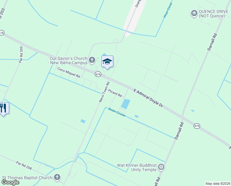 map of restaurants, bars, coffee shops, grocery stores, and more near 4207 Picard Road in New Iberia