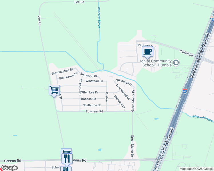 map of restaurants, bars, coffee shops, grocery stores, and more near 16631 Larchwood Drive in Humble
