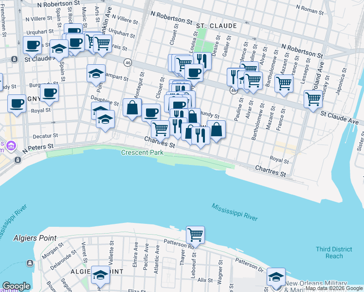 map of restaurants, bars, coffee shops, grocery stores, and more near 640 Desire Street in New Orleans