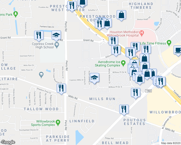 map of restaurants, bars, coffee shops, grocery stores, and more near 13038 Rose Landing Drive in Houston