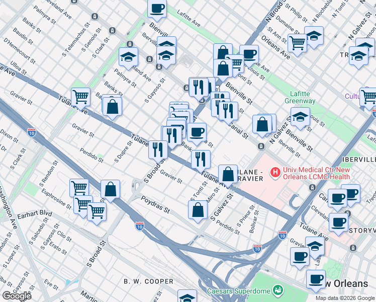 map of restaurants, bars, coffee shops, grocery stores, and more near 2617 Banks Street in New Orleans