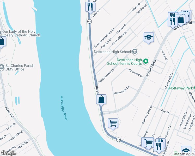 map of restaurants, bars, coffee shops, grocery stores, and more near 105 Ormond Village Drive in Destrehan
