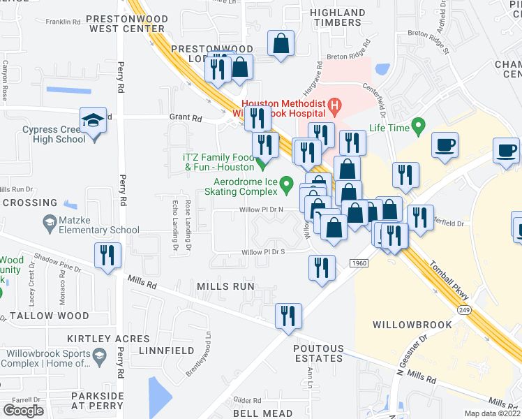 map of restaurants, bars, coffee shops, grocery stores, and more near 8337 Willow Place Drive North in Houston