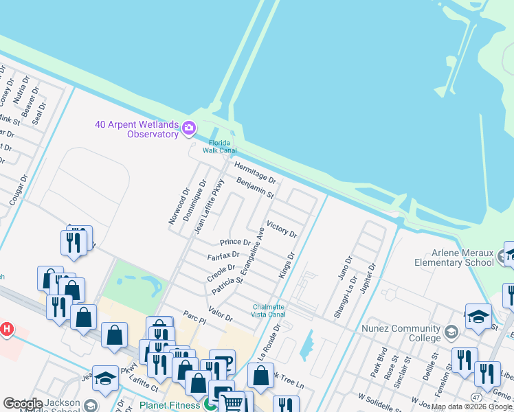 map of restaurants, bars, coffee shops, grocery stores, and more near 3920 Imperial Drive in Chalmette