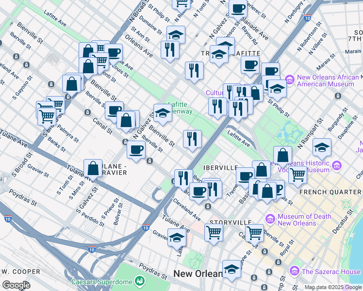 map of restaurants, bars, coffee shops, grocery stores, and more near 1825 Bienville Street in New Orleans