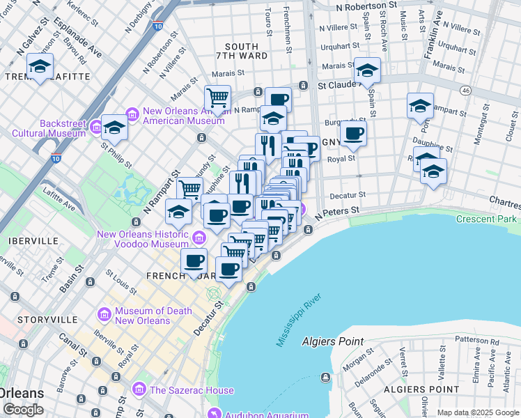 map of restaurants, bars, coffee shops, grocery stores, and more near 623 Barracks Street in New Orleans