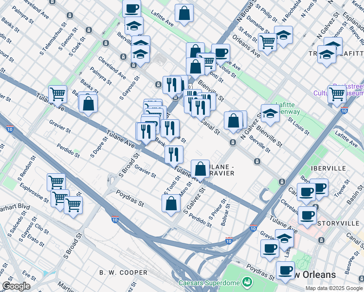 map of restaurants, bars, coffee shops, grocery stores, and more near 2525 Palmyra Street in New Orleans