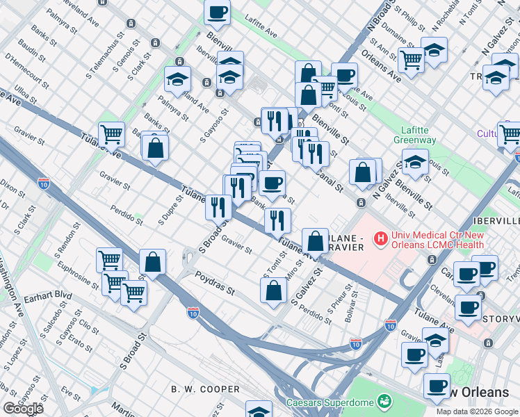map of restaurants, bars, coffee shops, grocery stores, and more near 2617 Banks Street in New Orleans