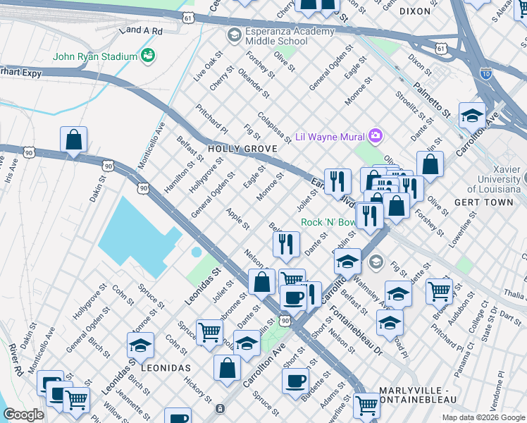 map of restaurants, bars, coffee shops, grocery stores, and more near 8701 Belfast Street in New Orleans